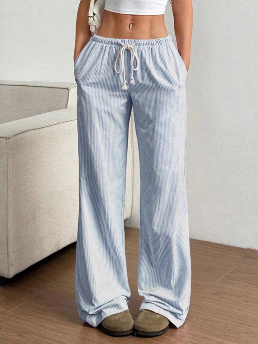 Summer Striped Wide Leg Drawstring Pants_CWBLP01181: Blue / (S) 1