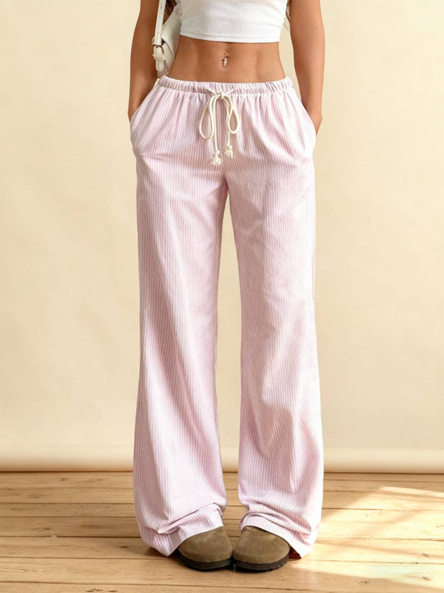 Summer Striped Wide Leg Drawstring Pants_CWBLP01181: Blue / (S) 1