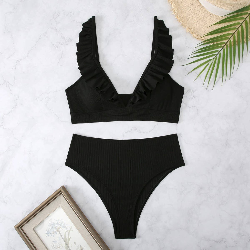 High-Waisted V-Neck Ruffled Bikini Swimsuit_CWMW0200: Blue / (S) 1