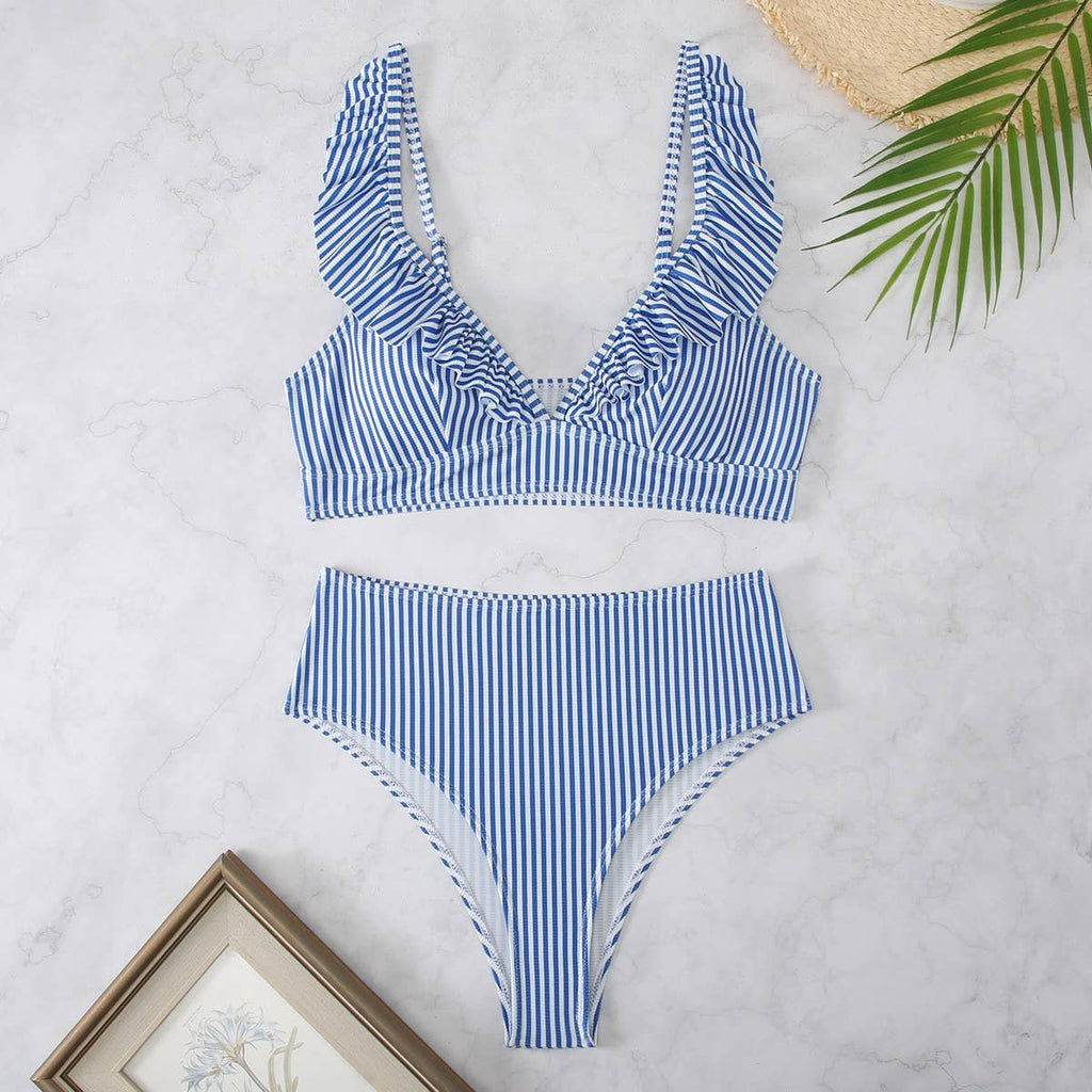 High-Waisted V-Neck Ruffled Bikini Swimsuit_CWMW0200: Blue / (L) 1