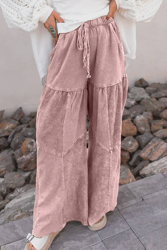 Women's Black Mineral Wash Wide Leg Patchwork Pants: Pink / 85%Cotton+15%Polyester / S