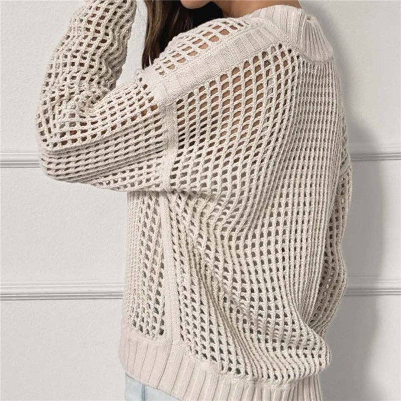 Zip Neck Long Sleeve Knit Sweater: Apricot / L