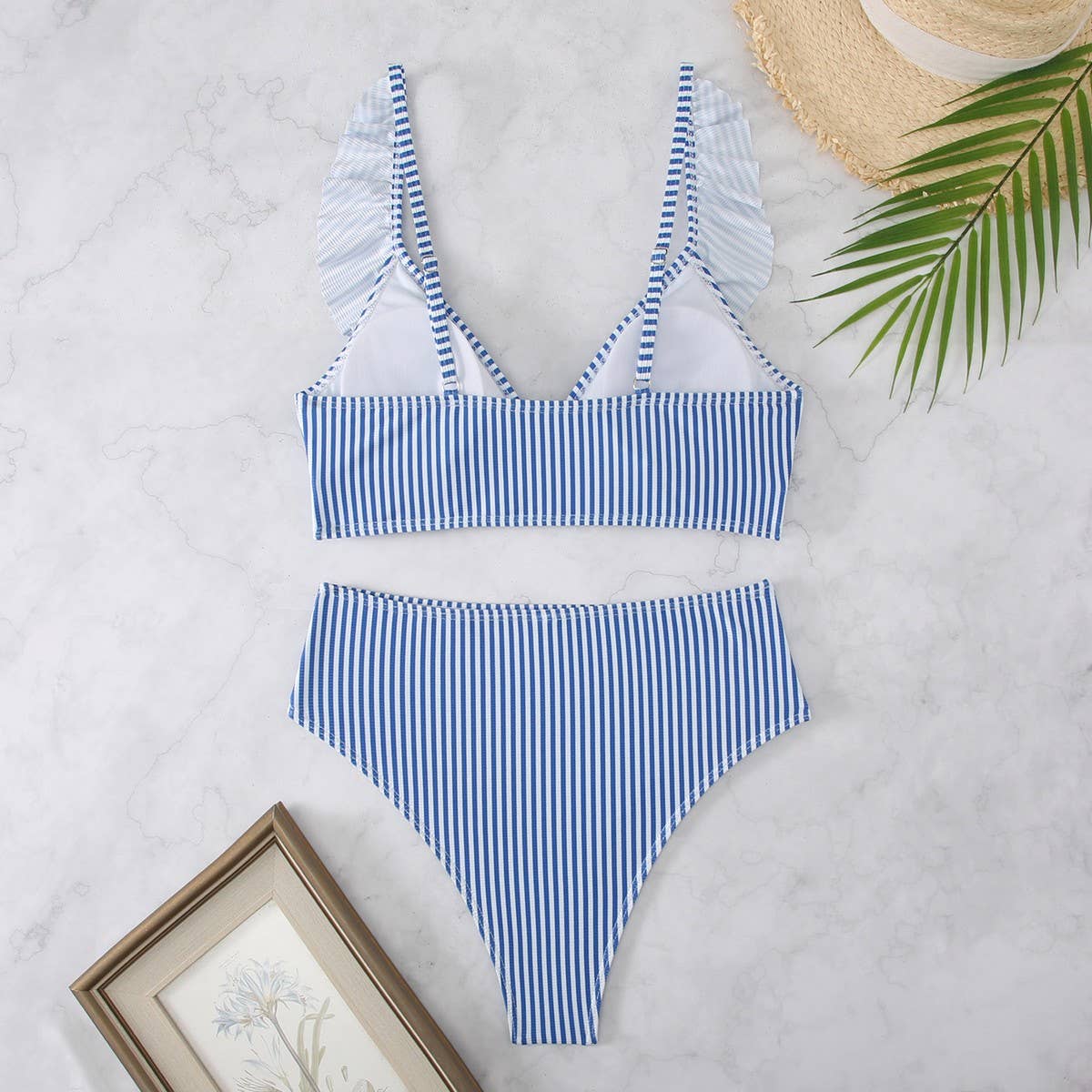 High-Waisted V-Neck Ruffled Bikini Swimsuit_CWMW0200: Blue / (L) 1