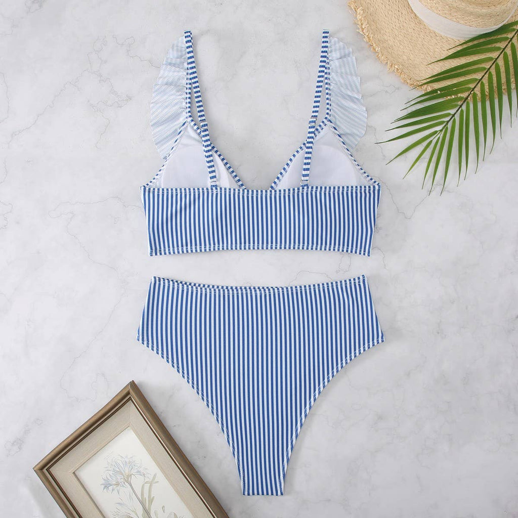 High-Waisted V-Neck Ruffled Bikini Swimsuit_CWMW0200: Blue / (S) 1