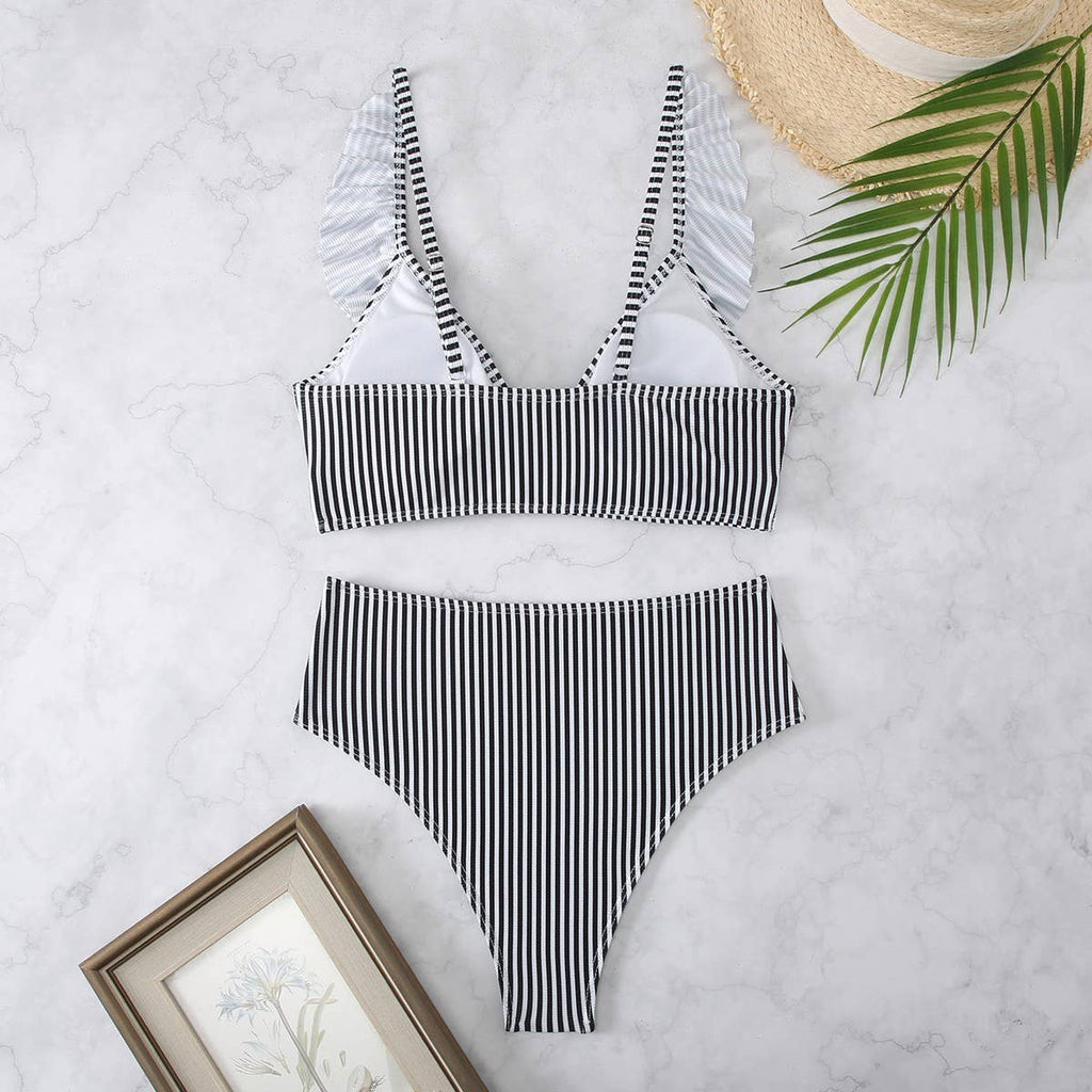 High-Waisted V-Neck Ruffled Bikini Swimsuit_CWMW0200: Blue / (S) 1