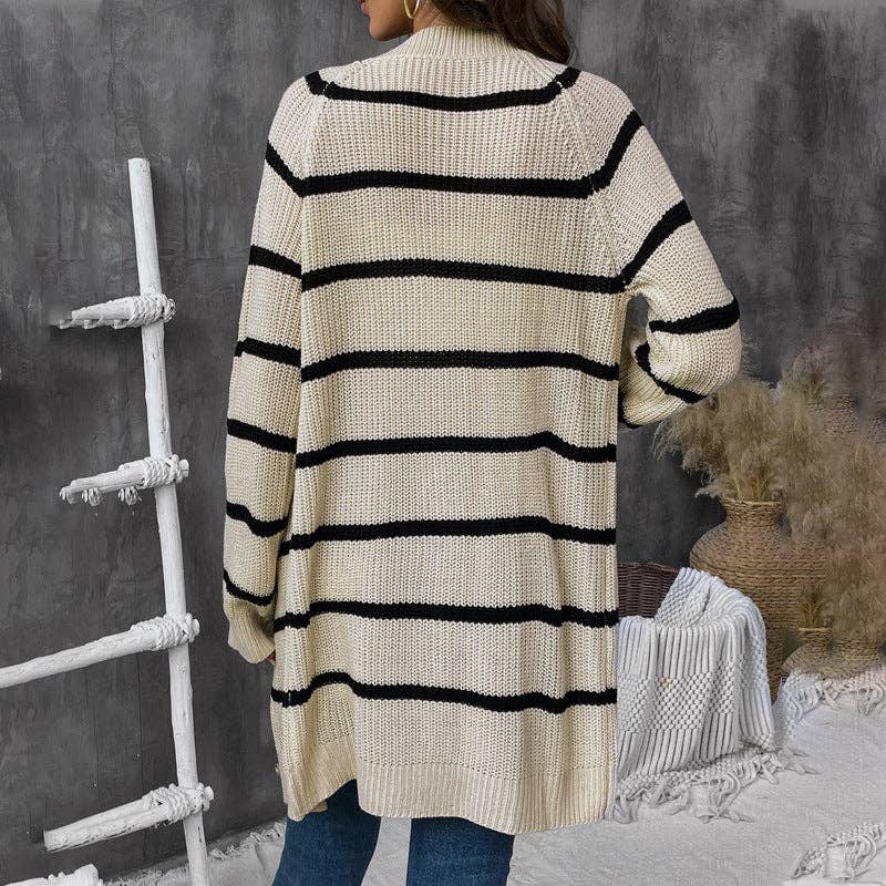 Chic Striped Buttoned Loose Cardigan Sweater: Apricot / 100%Acrylic / L