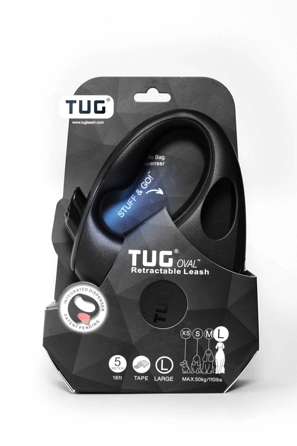 TUG Retractable Dog Leash with Integrated Dispenser: Black / Medium