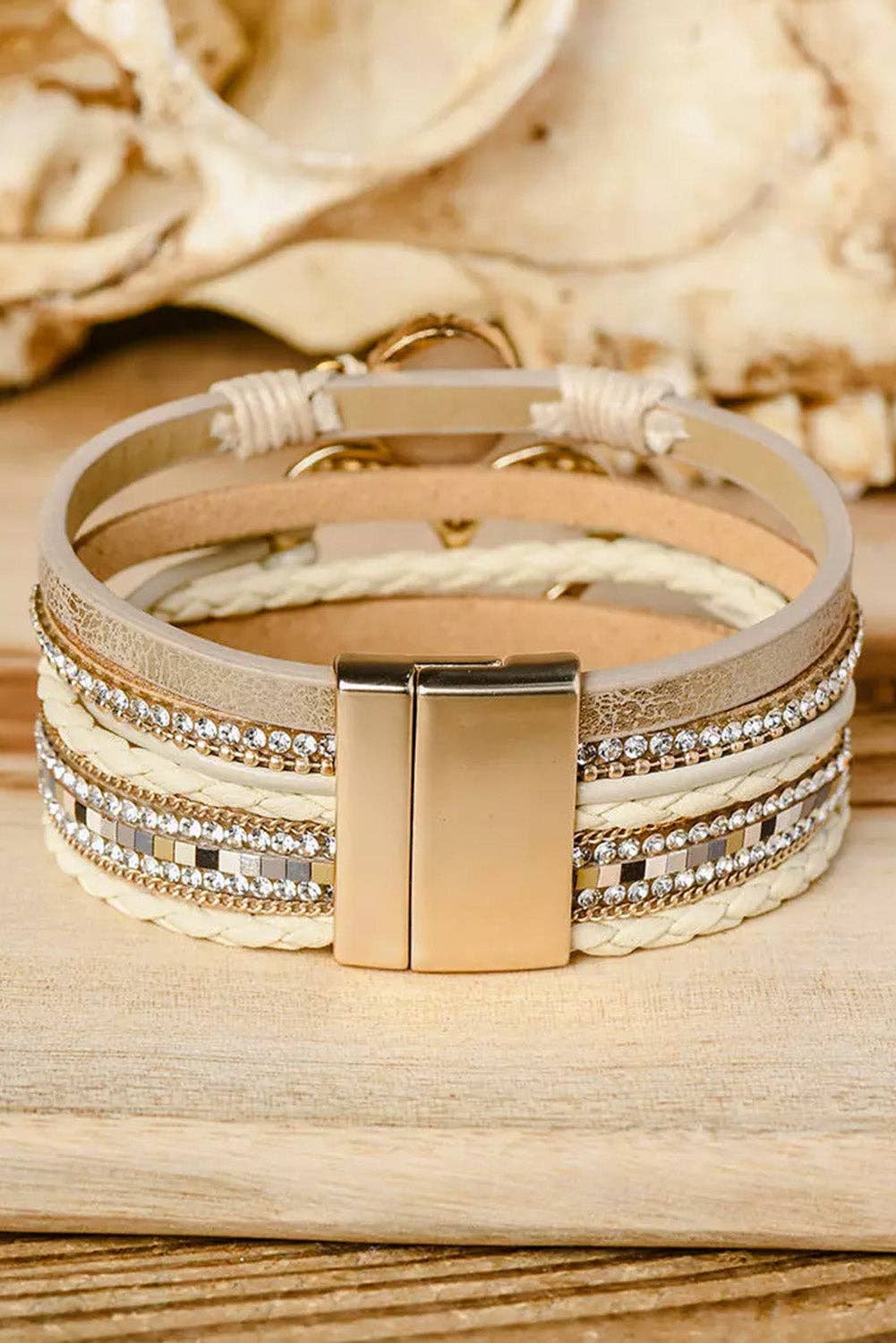 Bohemian Heart Rhinestone Magnetic Buckle Bracelet: Beige / ONE SIZE