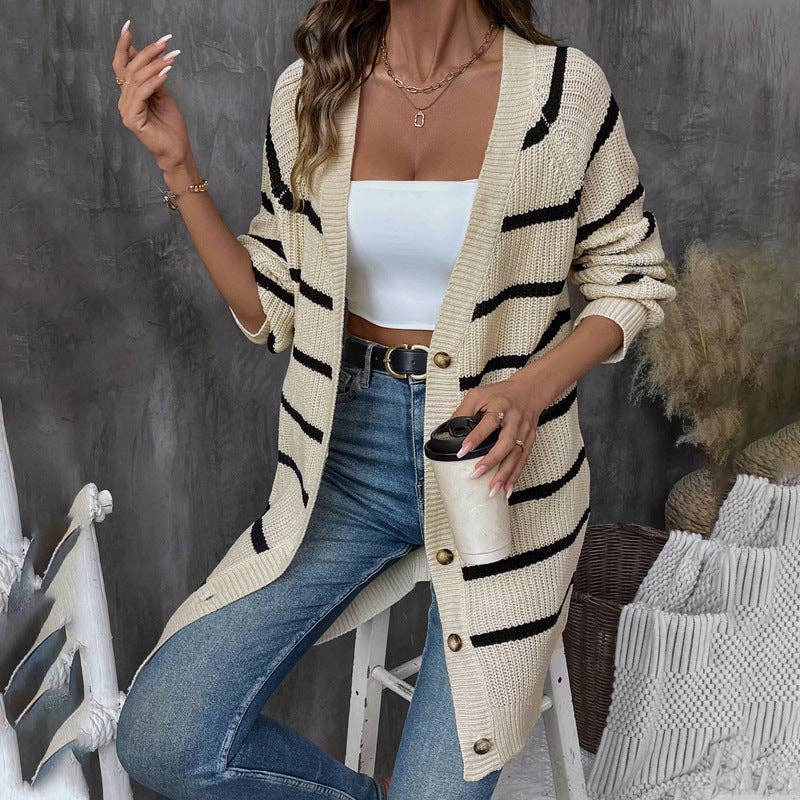 Chic Striped Buttoned Loose Cardigan Sweater: Apricot / 100%Acrylic / S