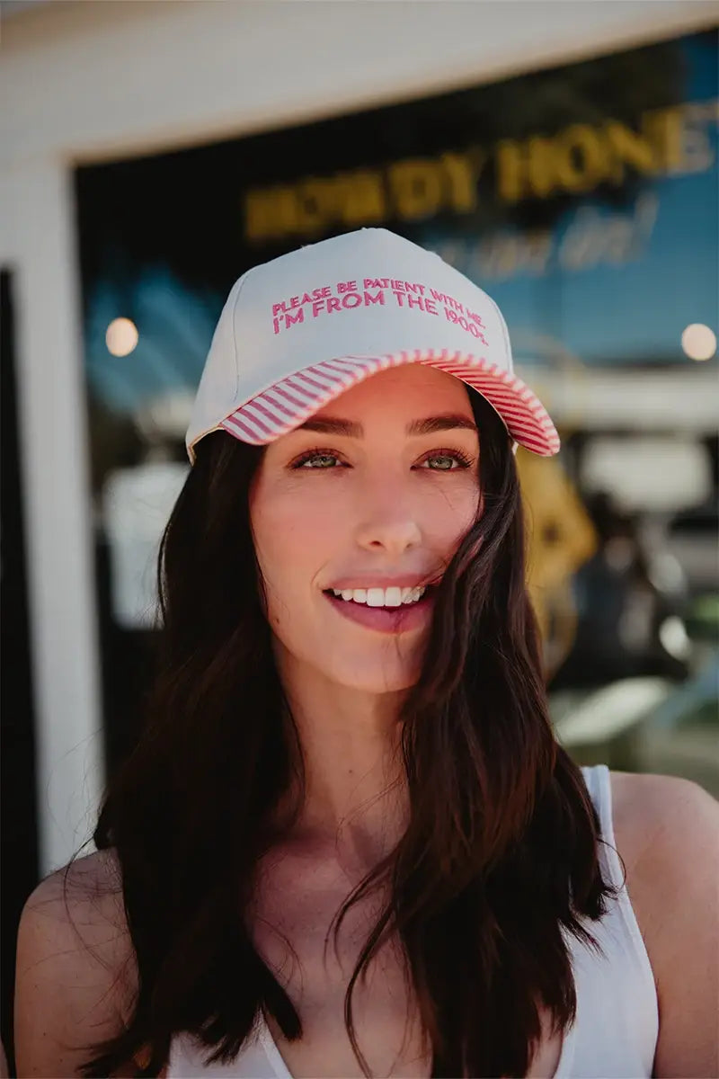 Please Be Patient With Me I'm From The 1900s Trucker Hat: Pink and Light Pink Stripe