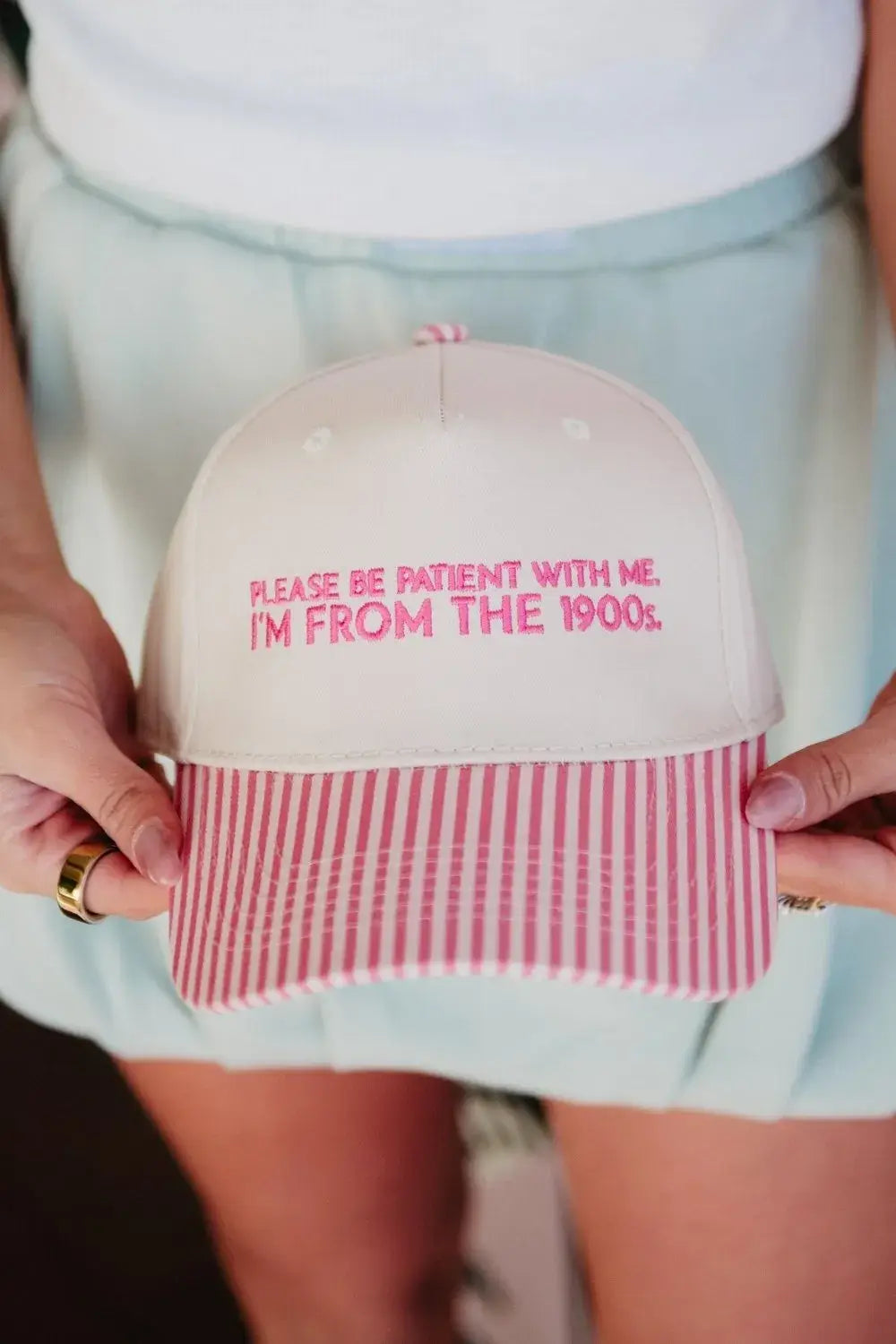 Please Be Patient With Me I'm From The 1900s Trucker Hat: Pink and Light Pink Stripe