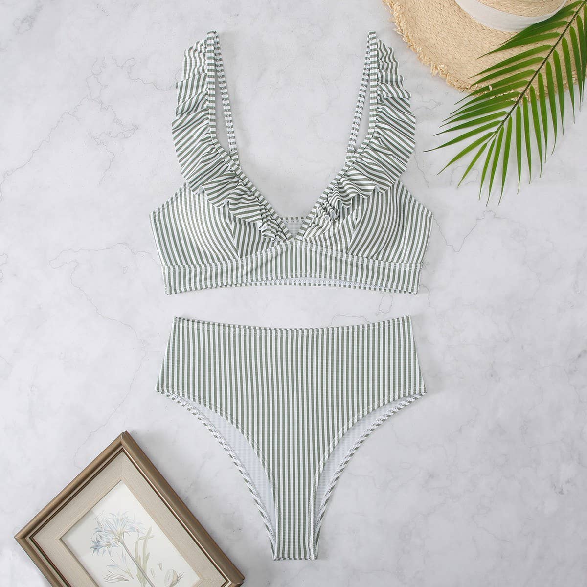 High-Waisted V-Neck Ruffled Bikini Swimsuit_CWMW0200: Blue / (L) 1