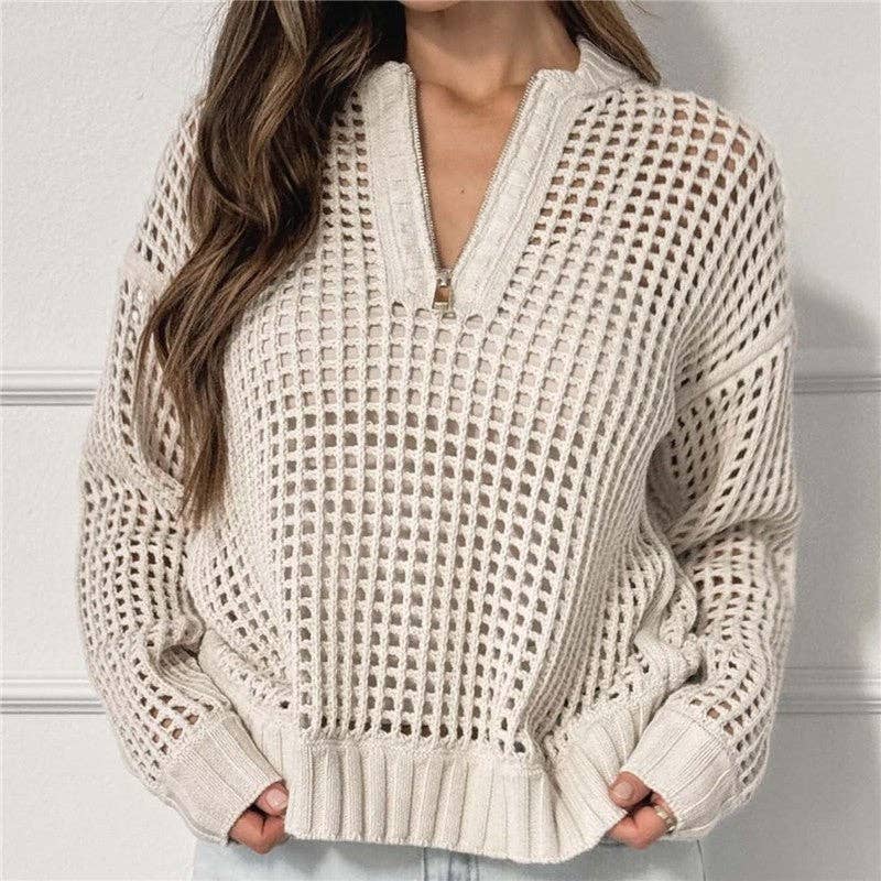 Zip Neck Long Sleeve Knit Sweater: Apricot / M