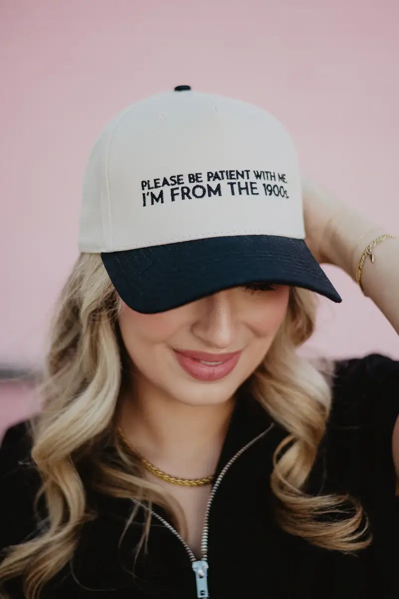 Please Be Patient With Me I'm From The 1900s Trucker Hat: Pink and Light Pink Stripe