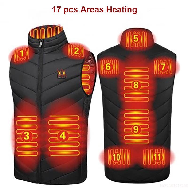 17PCS Heated Jacket Fashion Men Women Coat Intelligent USB Electric Heating Thermal Warm Clothes Winter Heated Vest: BLACK / S