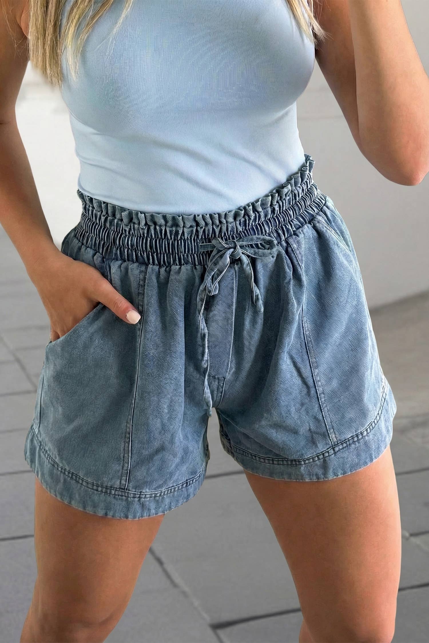 Smocked Elastic Waist Denim Shorts | S-XL : Dusk Blue / 4