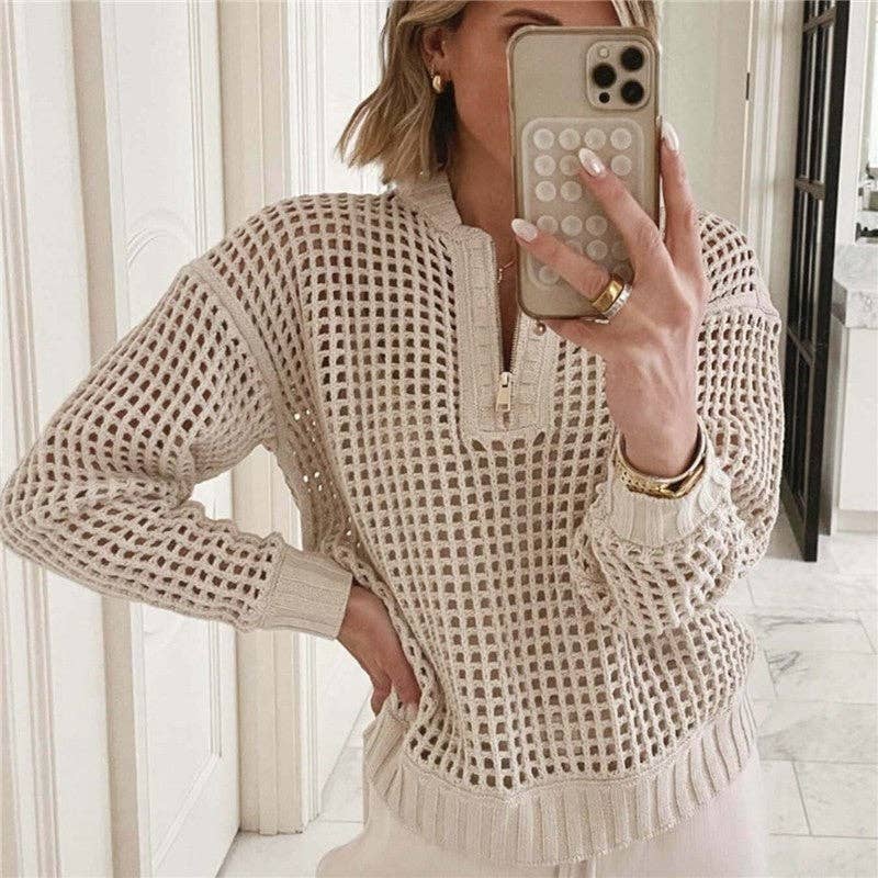 Zip Neck Long Sleeve Knit Sweater: Apricot / L