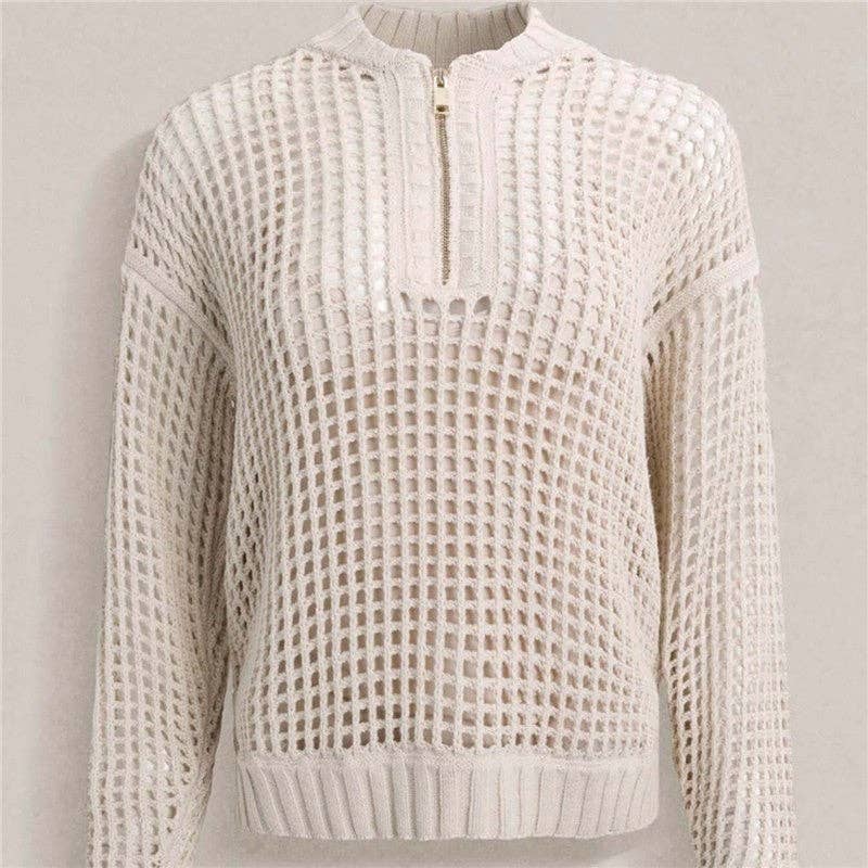Zip Neck Long Sleeve Knit Sweater: Apricot / L