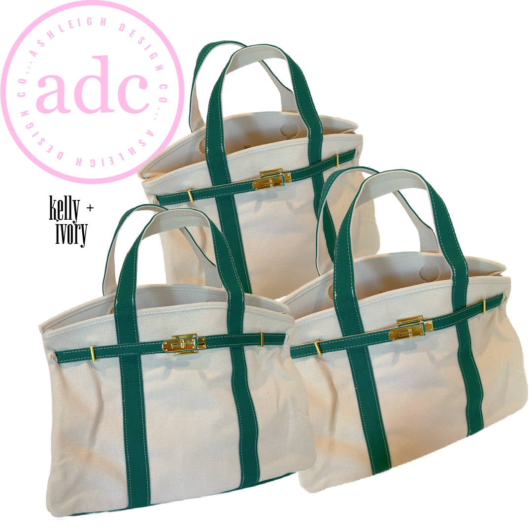 NEW COLORS ADDED Canvas Boat Bag: Kelly + Ivory