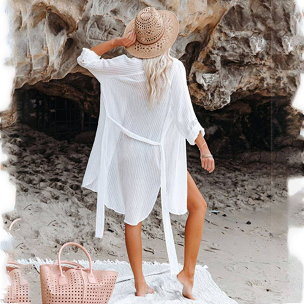 Shirt Style Beach Cover-Up Bikini Sun Protection Top_CWMM629: White / (OS) 1