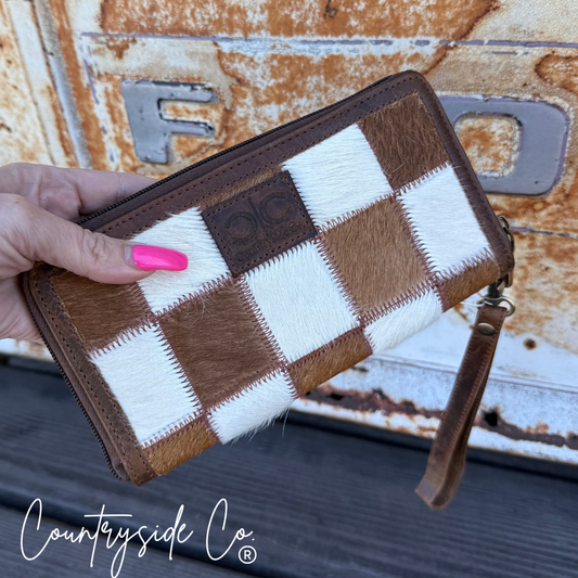 Checkered Cowhide Womens Wallet Wristlet Trendy: Brown
