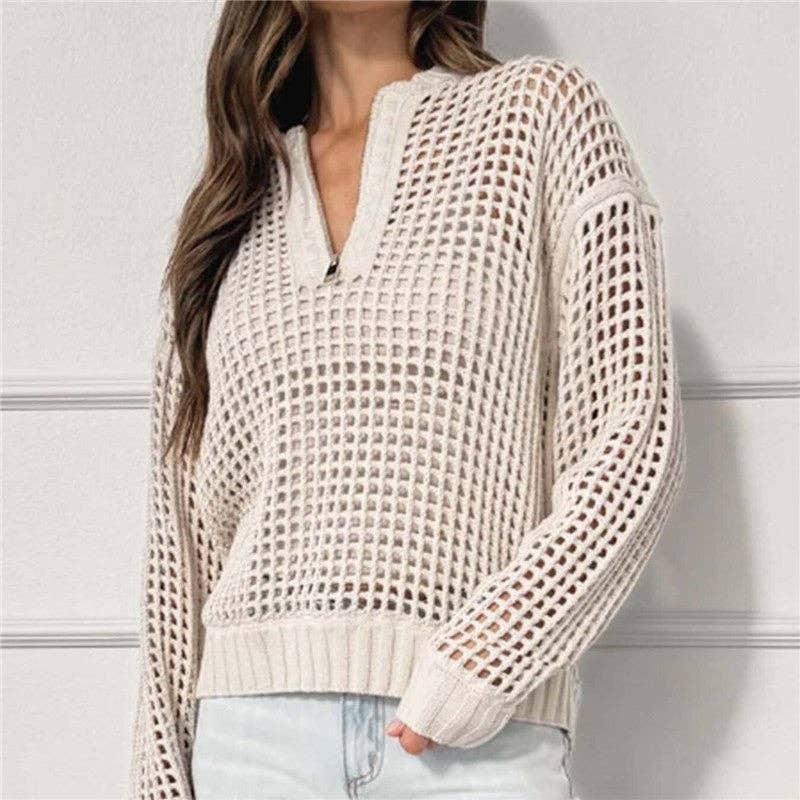 Zip Neck Long Sleeve Knit Sweater: Apricot / S