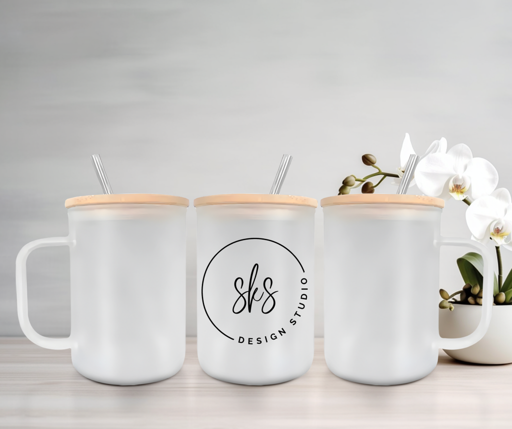 CUSTOM LOGO | UVDTF | 15oz Mug with Handle, Bamboo Lid & Straw: Frosted