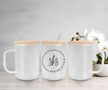 CUSTOM LOGO | UVDTF | 15oz Mug with Handle, Bamboo Lid & Straw: Frosted
