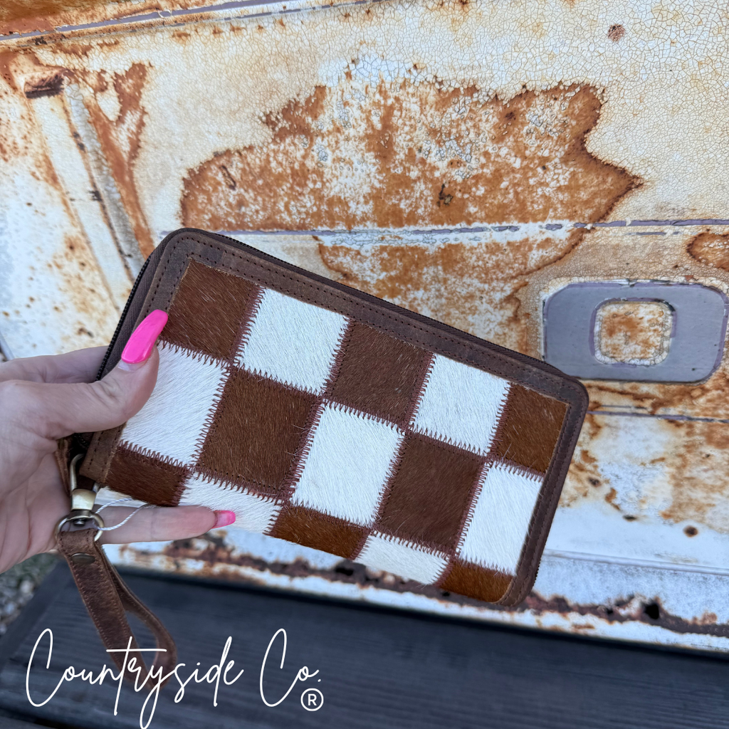 Checkered Cowhide Womens Wallet Wristlet Trendy: Brown