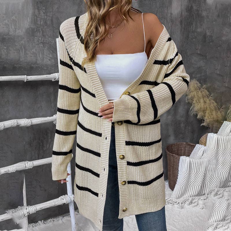 Chic Striped Buttoned Loose Cardigan Sweater: Apricot / 100%Acrylic / L