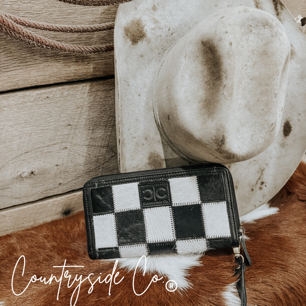 Checkered Cowhide Womens Wallet Wristlet Trendy: Brown