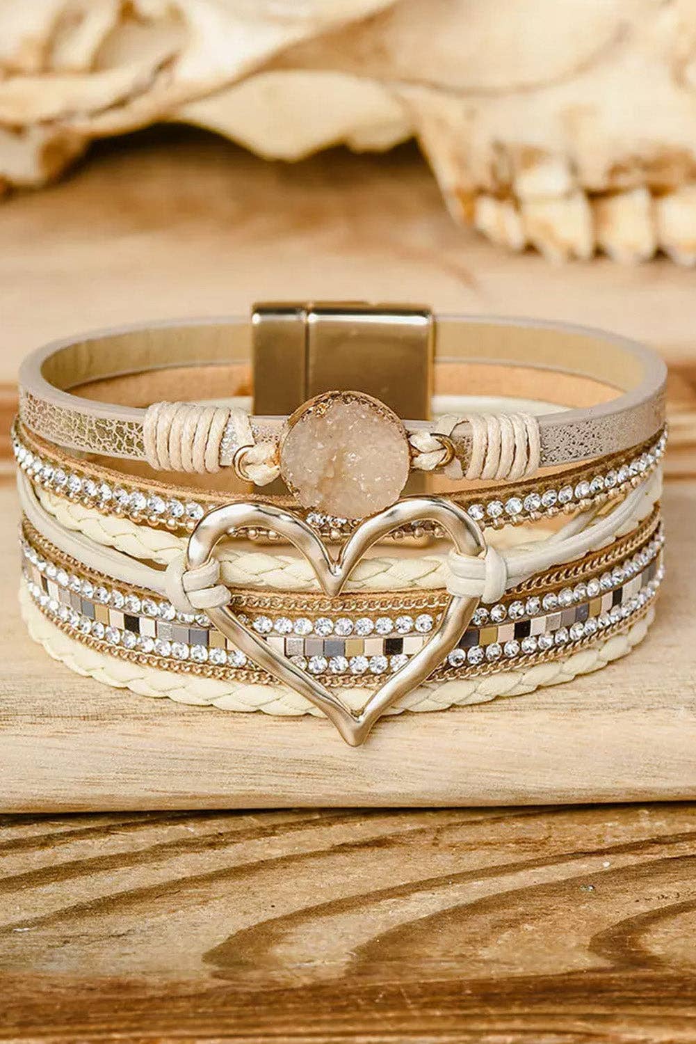 Bohemian Heart Rhinestone Magnetic Buckle Bracelet: Beige / ONE SIZE