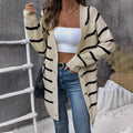 Chic Striped Buttoned Loose Cardigan Sweater: Apricot / 100%Acrylic / L