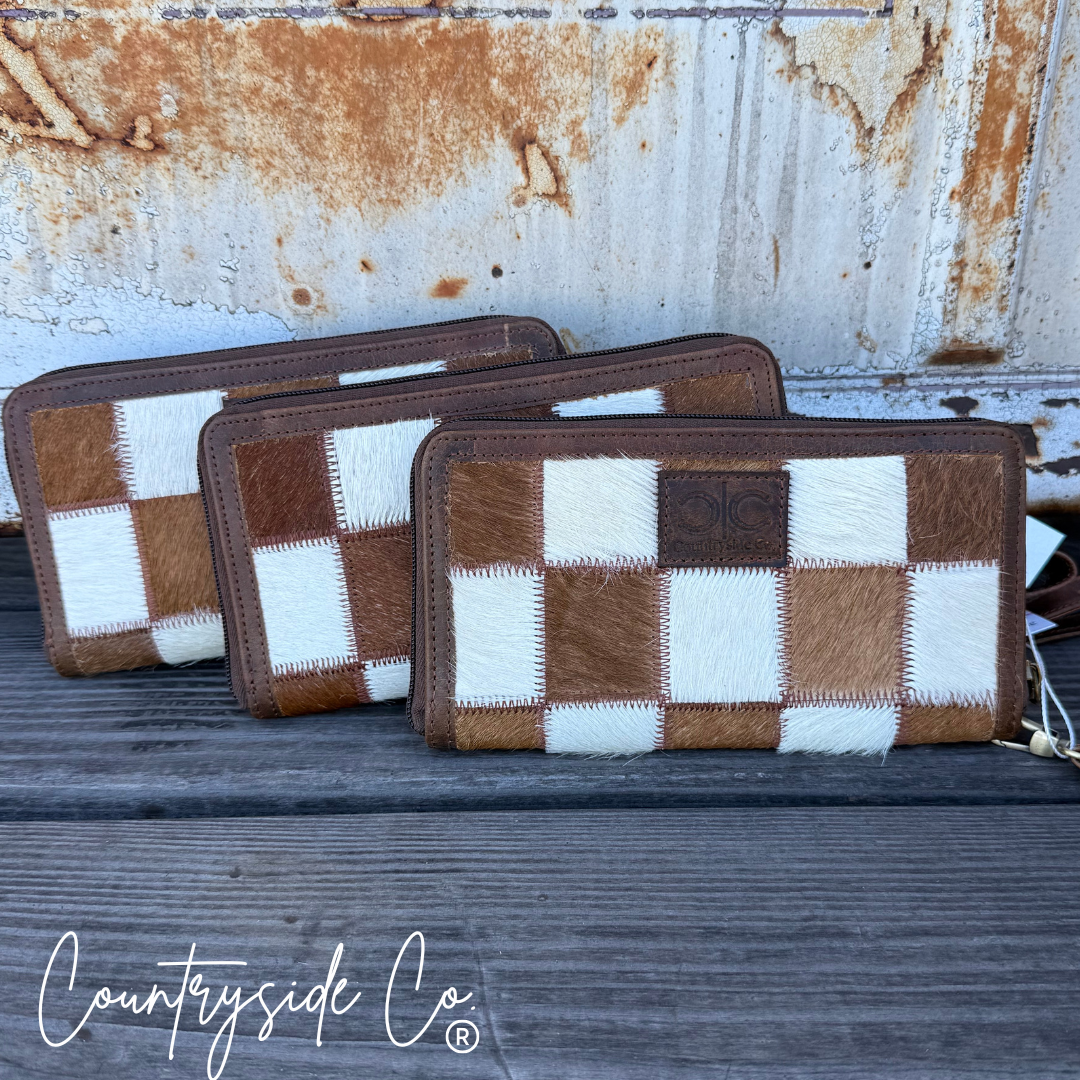 Checkered Cowhide Womens Wallet Wristlet Trendy: Brown