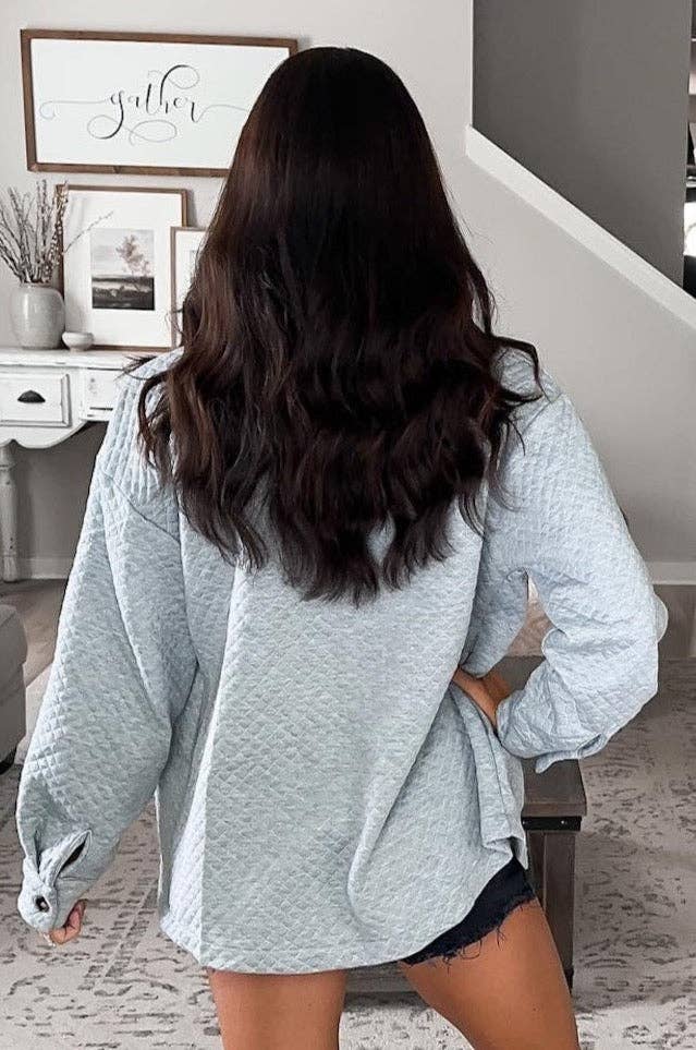 Brooklynn Retro Quilted Flap Pocket Button Shacket: Gray / 95%Polyester+5%Elastane / S