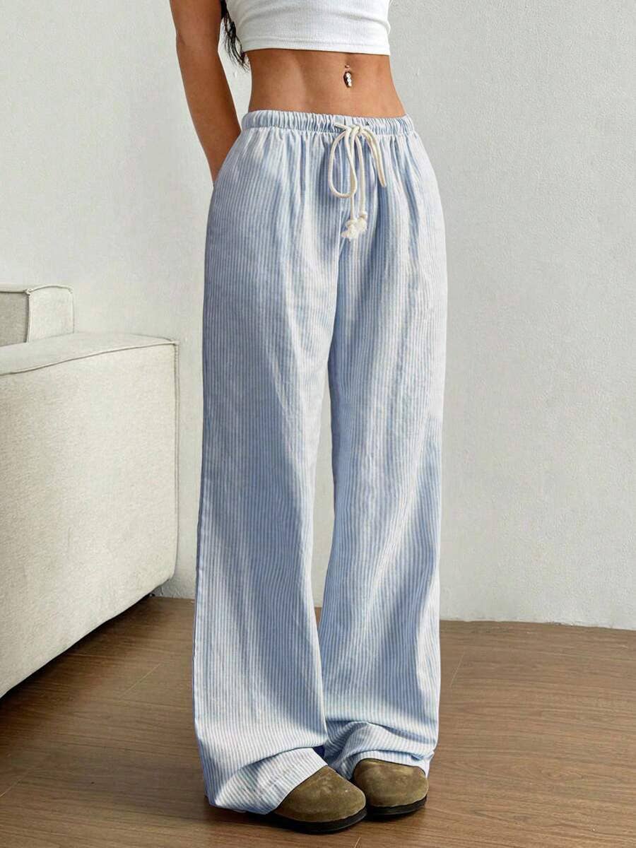 Summer Striped Wide Leg Drawstring Pants_CWBLP01181: Blue / (S) 1