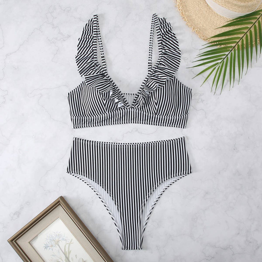 High-Waisted V-Neck Ruffled Bikini Swimsuit_CWMW0200: Blue / (L) 1