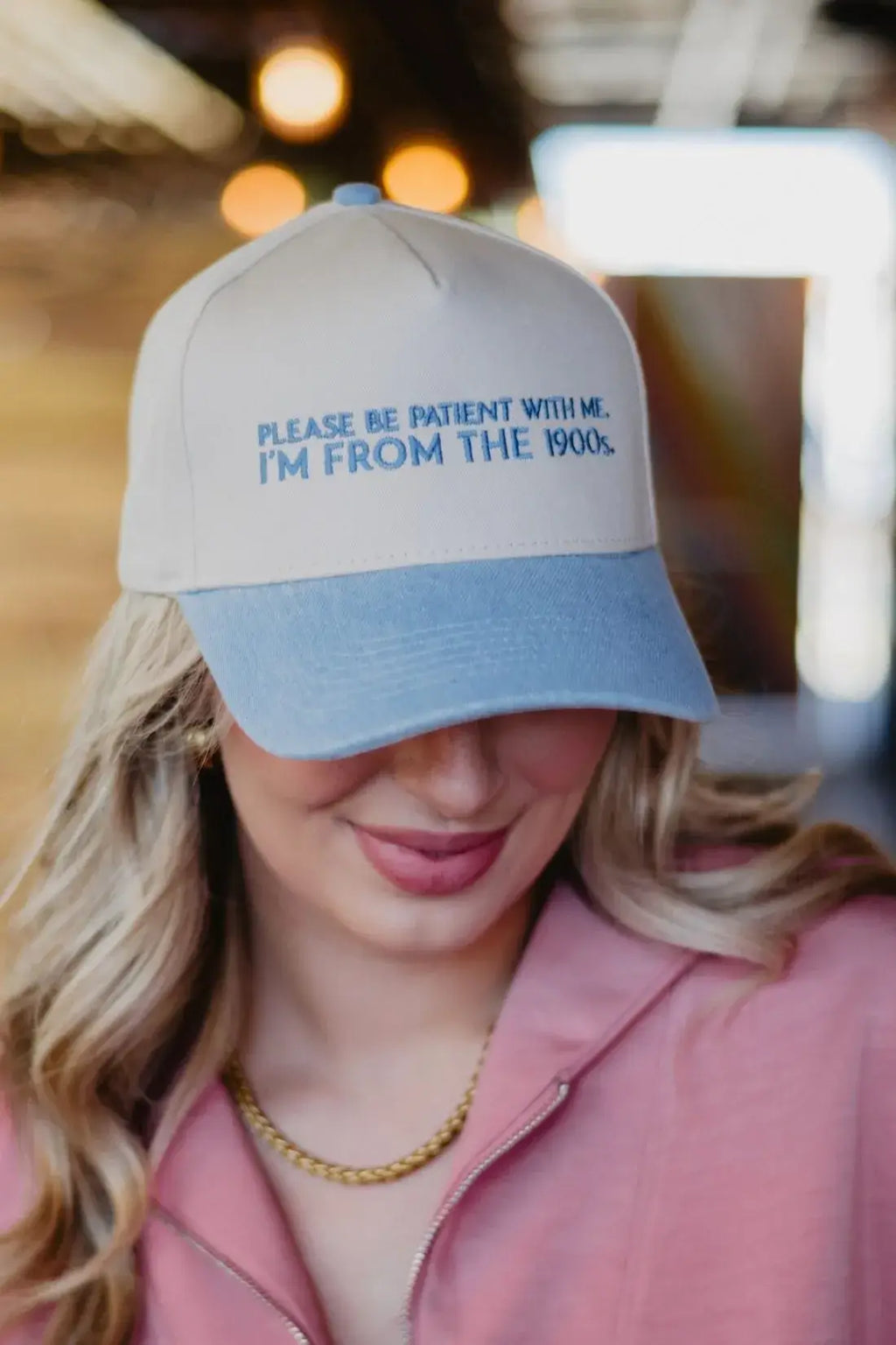 Please Be Patient With Me I'm From The 1900s Trucker Hat: Pink and Light Pink Stripe