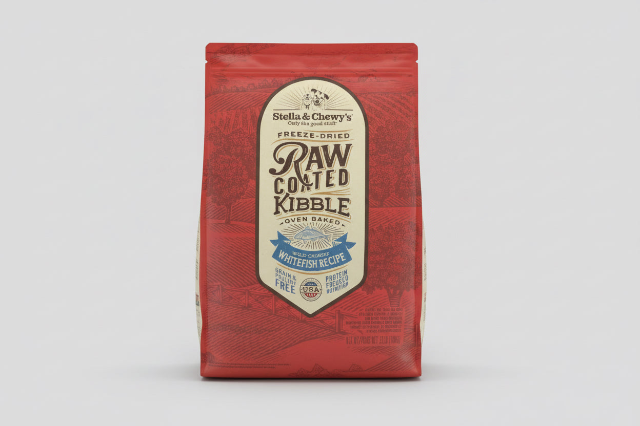 Stella and Chewys freeze dried raw coated kibble white fish recipe